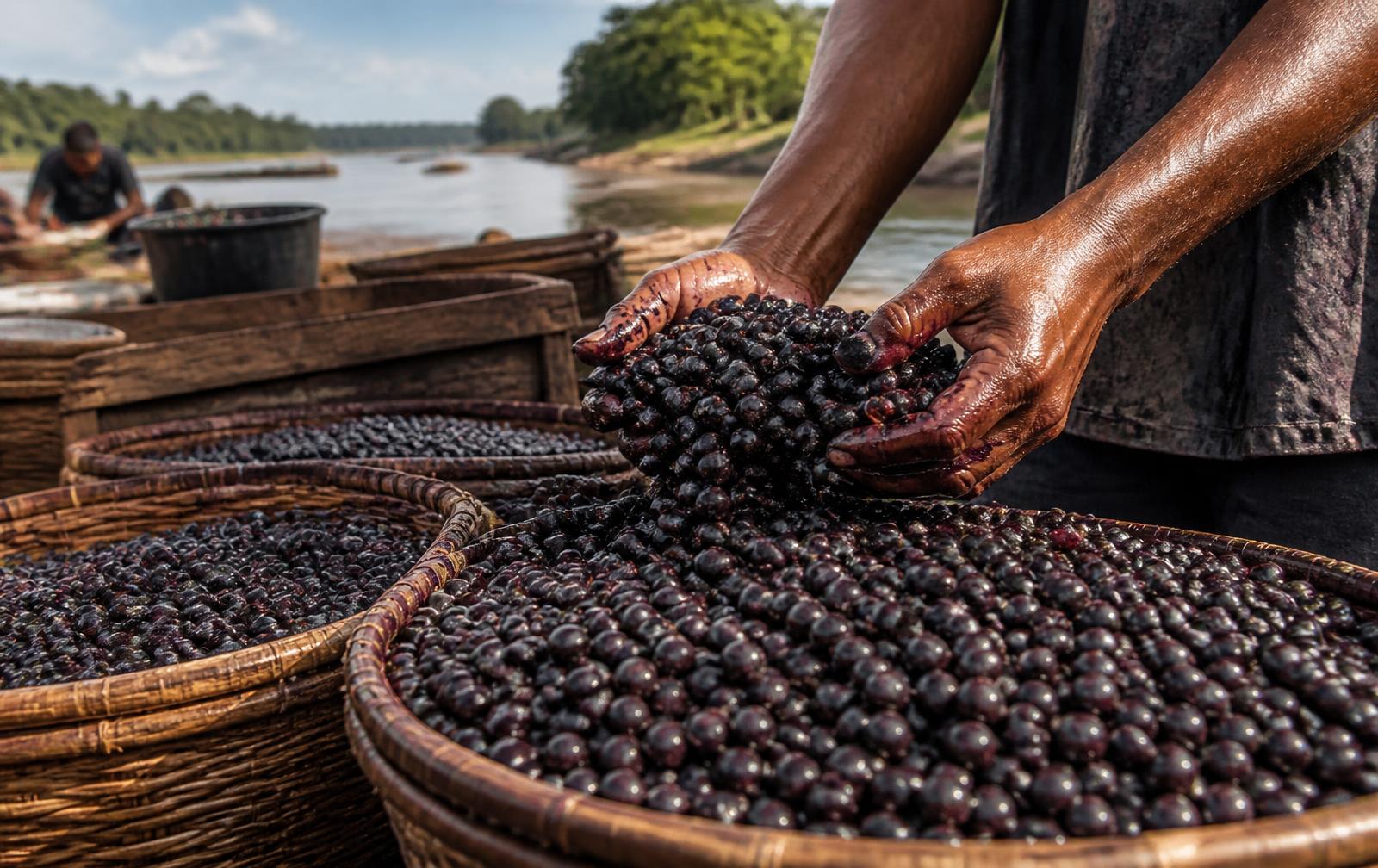 Cestos de açaí recém-colhido às margens de um rio, com as mãos de um trabalhador sobre os frutos